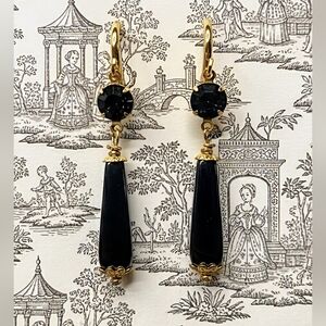 Victorian Black Hematite W/ Black Diamond Crystal In Gold Plated Long Earrings